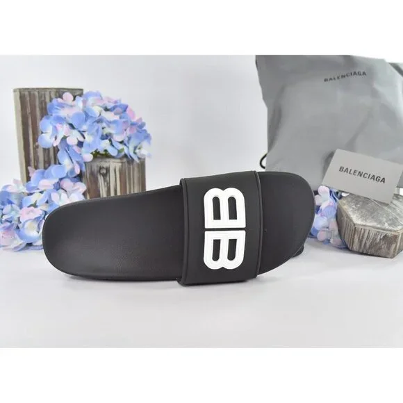 Balenciaga BB Black Rubber Wedge Slide Sandals Size 39 NIB